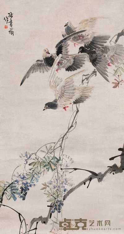 张书旂 紫藤飞鸽 立轴 107.5×57cm